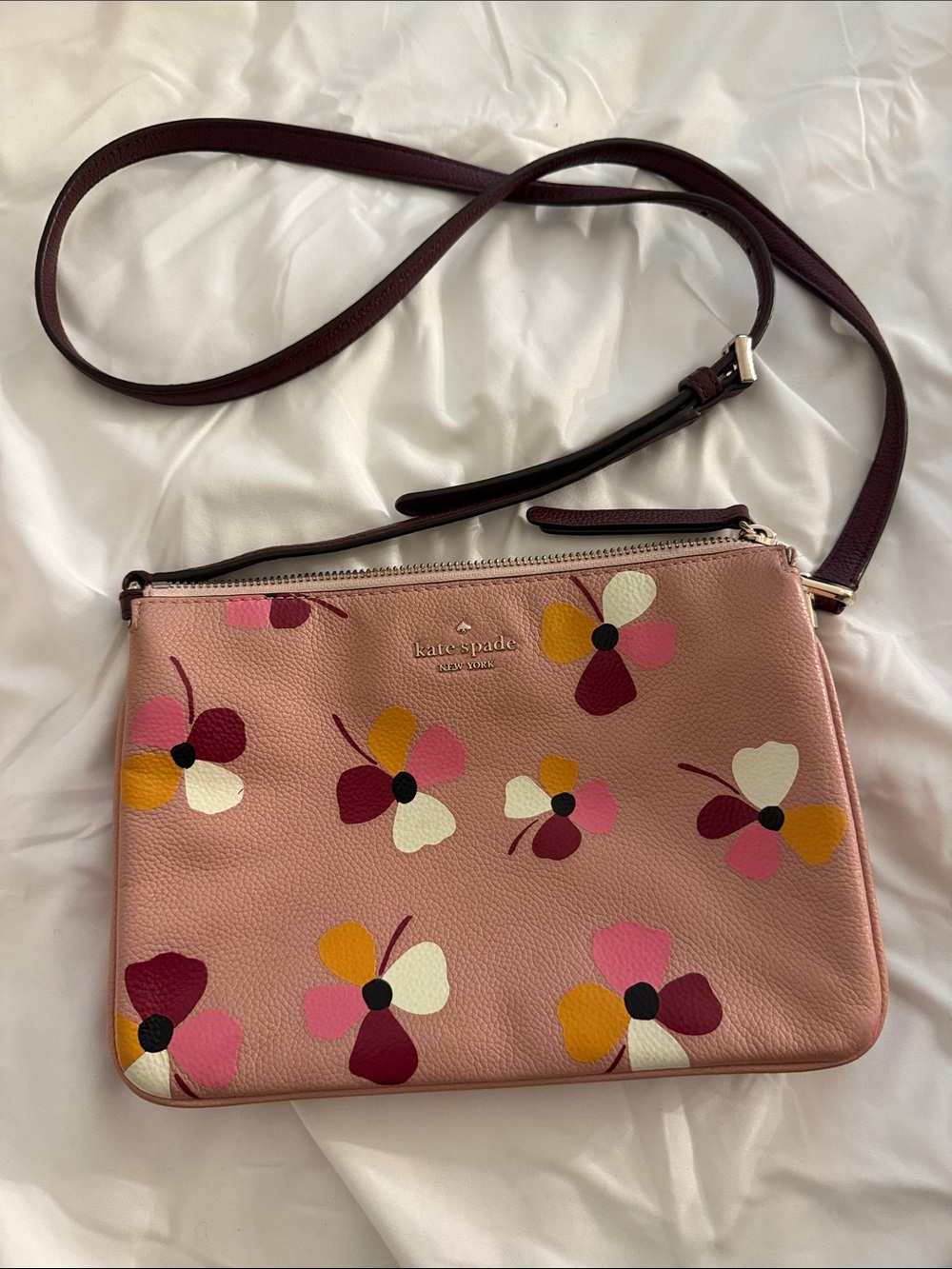 kate spade Pink Floral Crossbody with Burgundy Strap